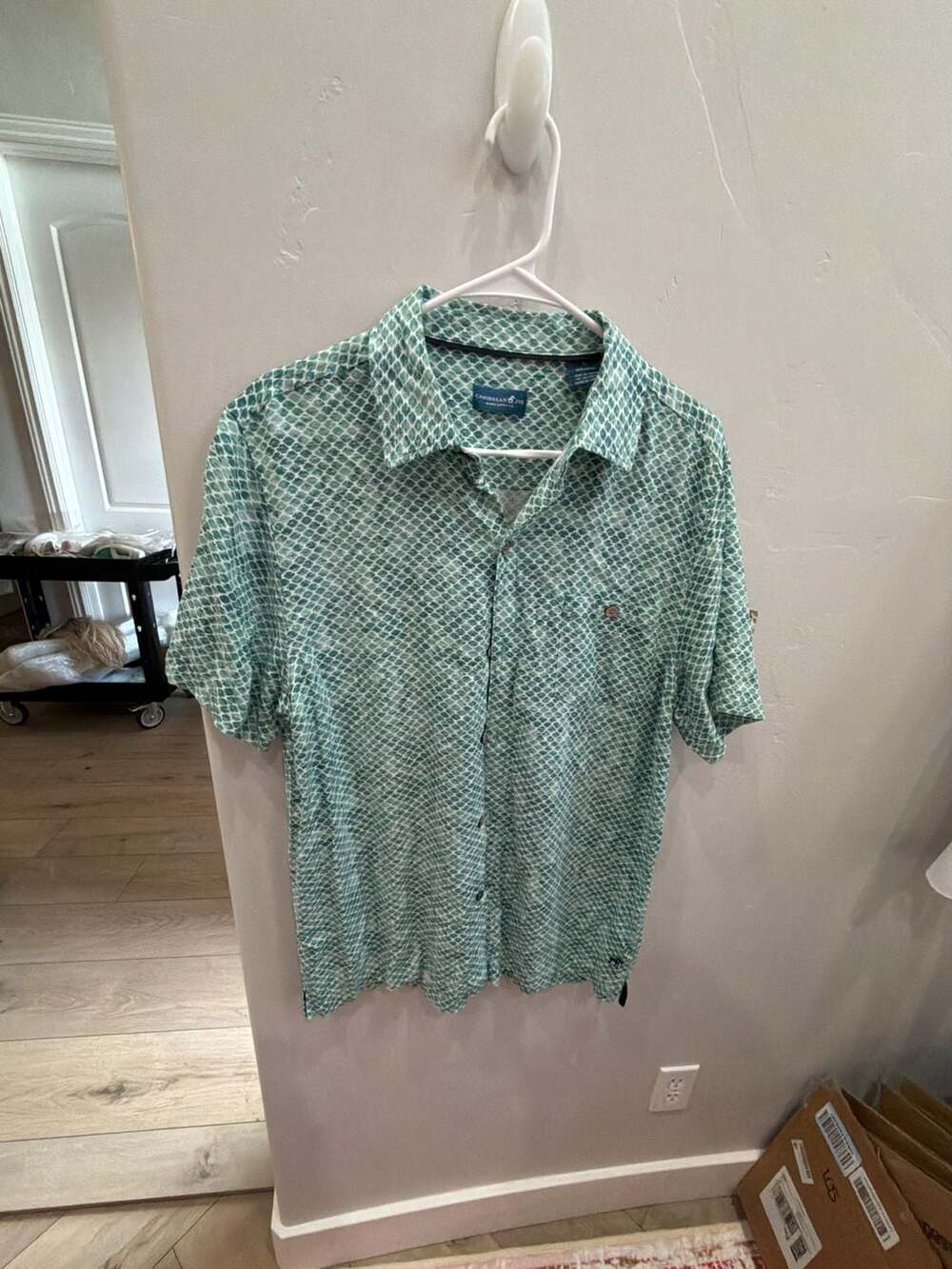 Caribbean Joe Island Supply Men Green Diamond‎ Pattern Short Viscose Button-Down